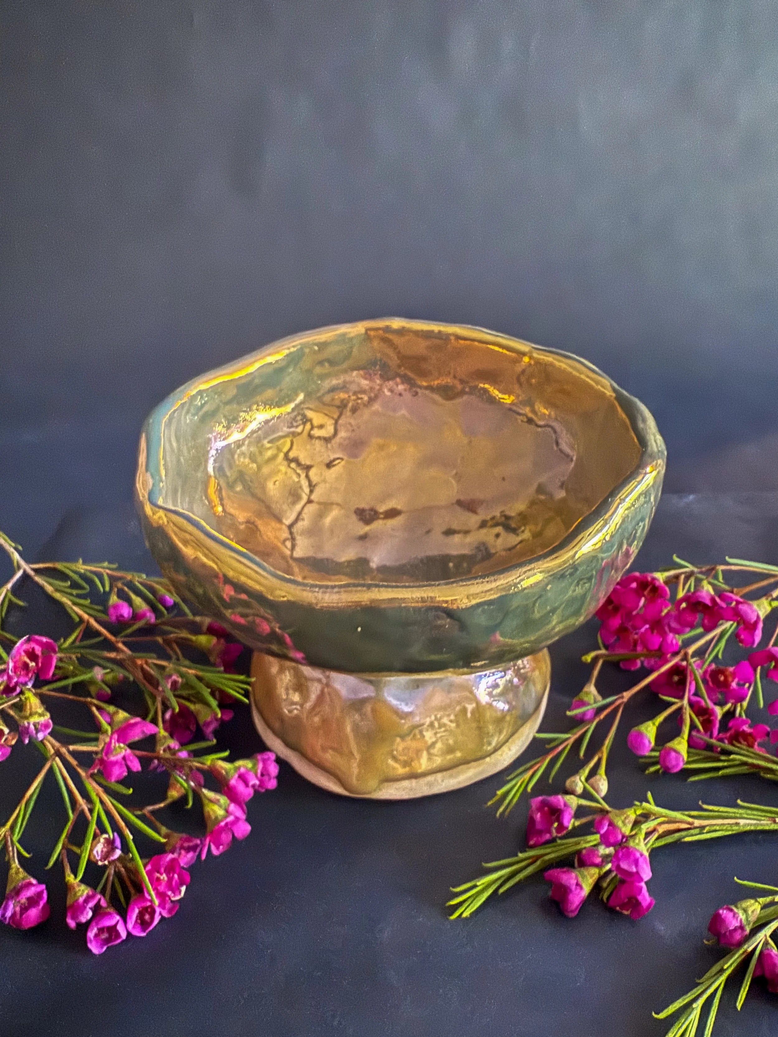 'Ancient Offerings' Golden Lusterware Pedestal Bowl