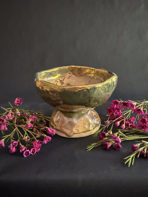 'Ancient Offerings' Golden Lusterware Pedestal Bowl