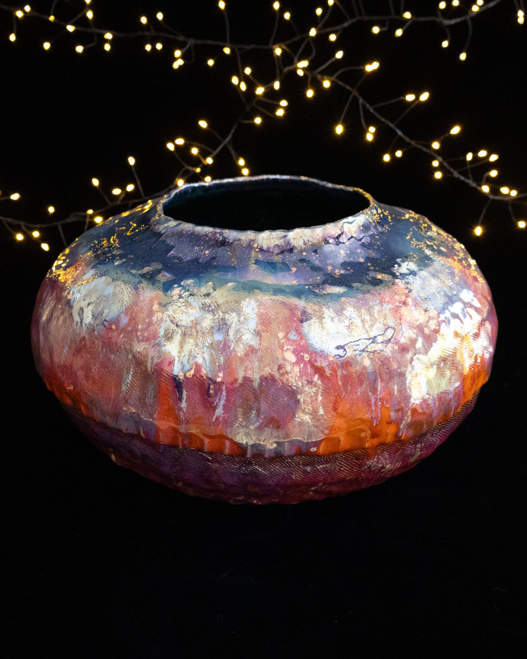 Large hand built stoneware pot in crimson and silver iridescent luster