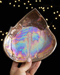 Leaf shaped lusterware keepsake plate with blue, violet and pink iridescence