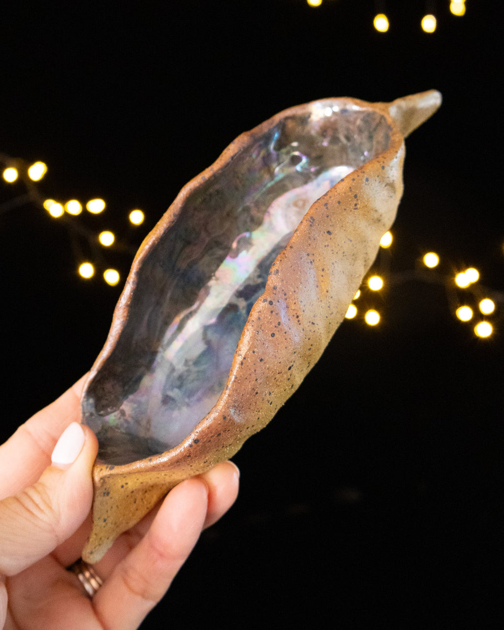 Bare speckled stoneware outside, silver-green iridescence within the pod