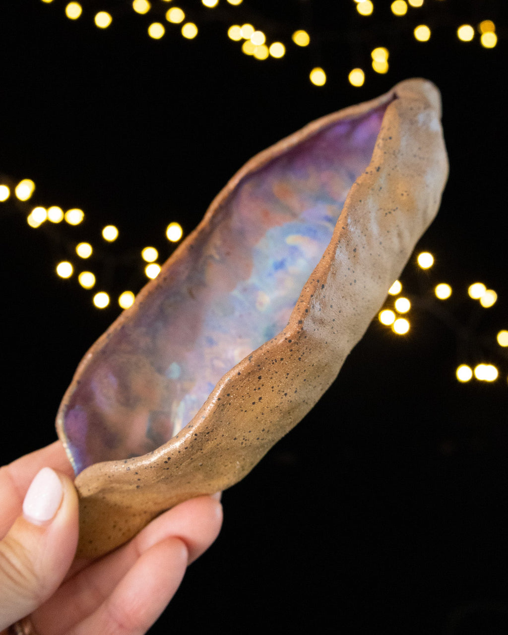 Bare speckled stoneware outside, violet iridescence within the pod