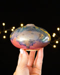 Handmade lusterware bud vase in soft rose and blue, low and domed