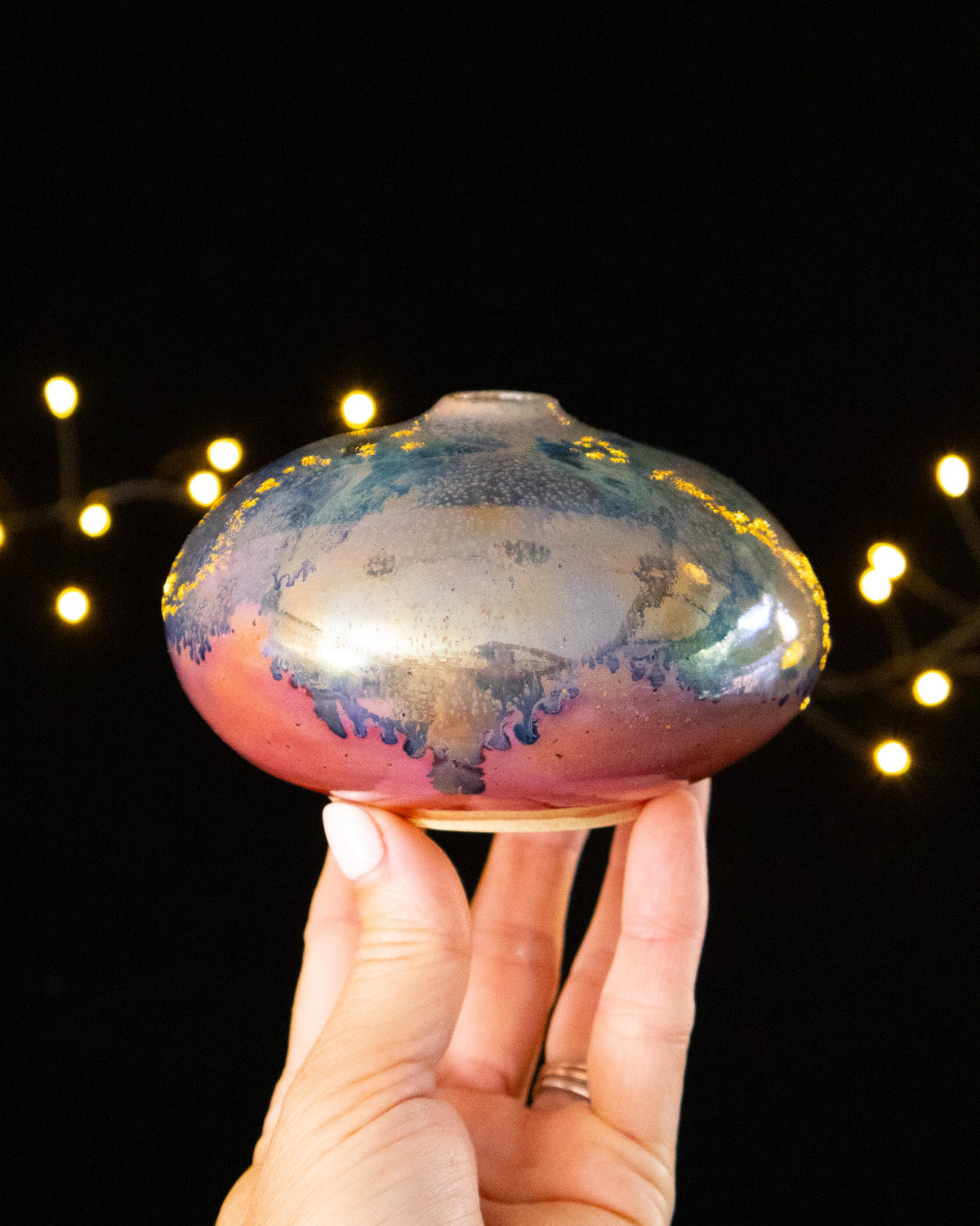 Handmade lusterware bud vase in soft rose and blue, low and domed