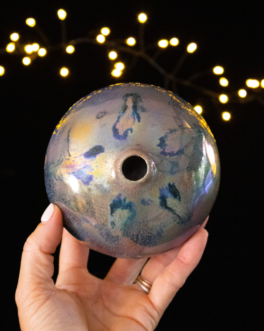 Top view showing the single stem opening of a handmade bud vase
