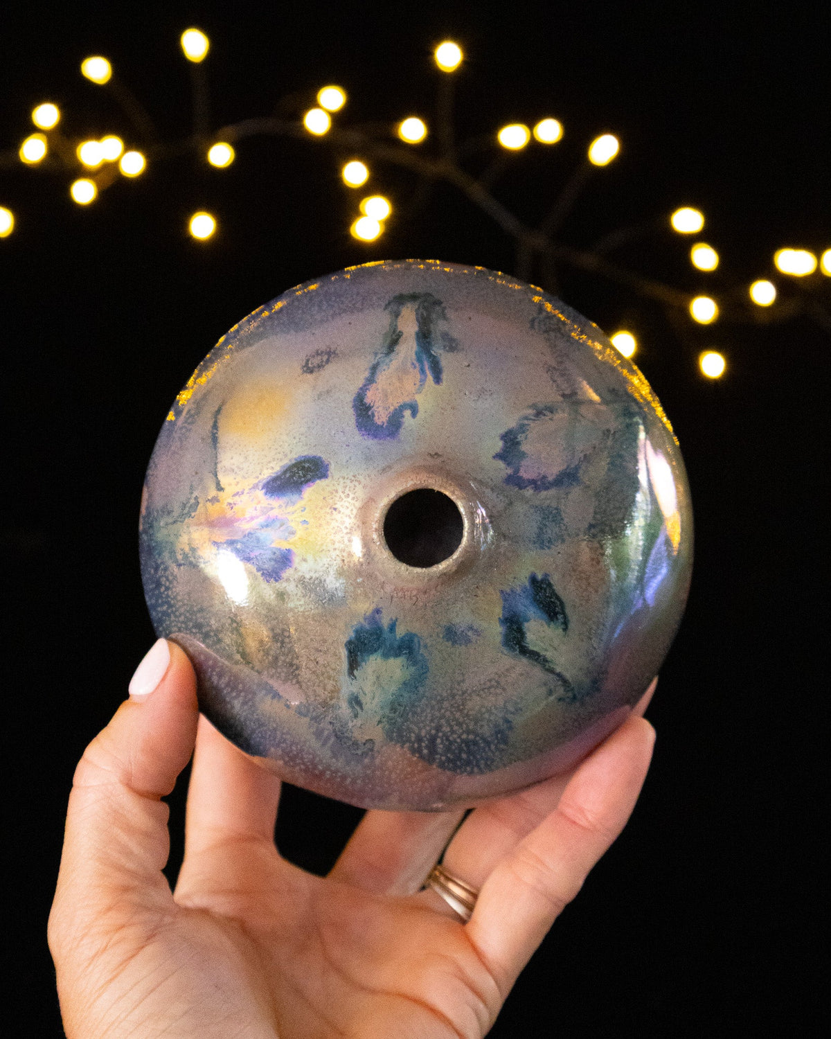Top view showing the single stem opening of a handmade bud vase