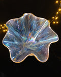 Hand built stoneware bloom sculpture in silver and blue iridescence