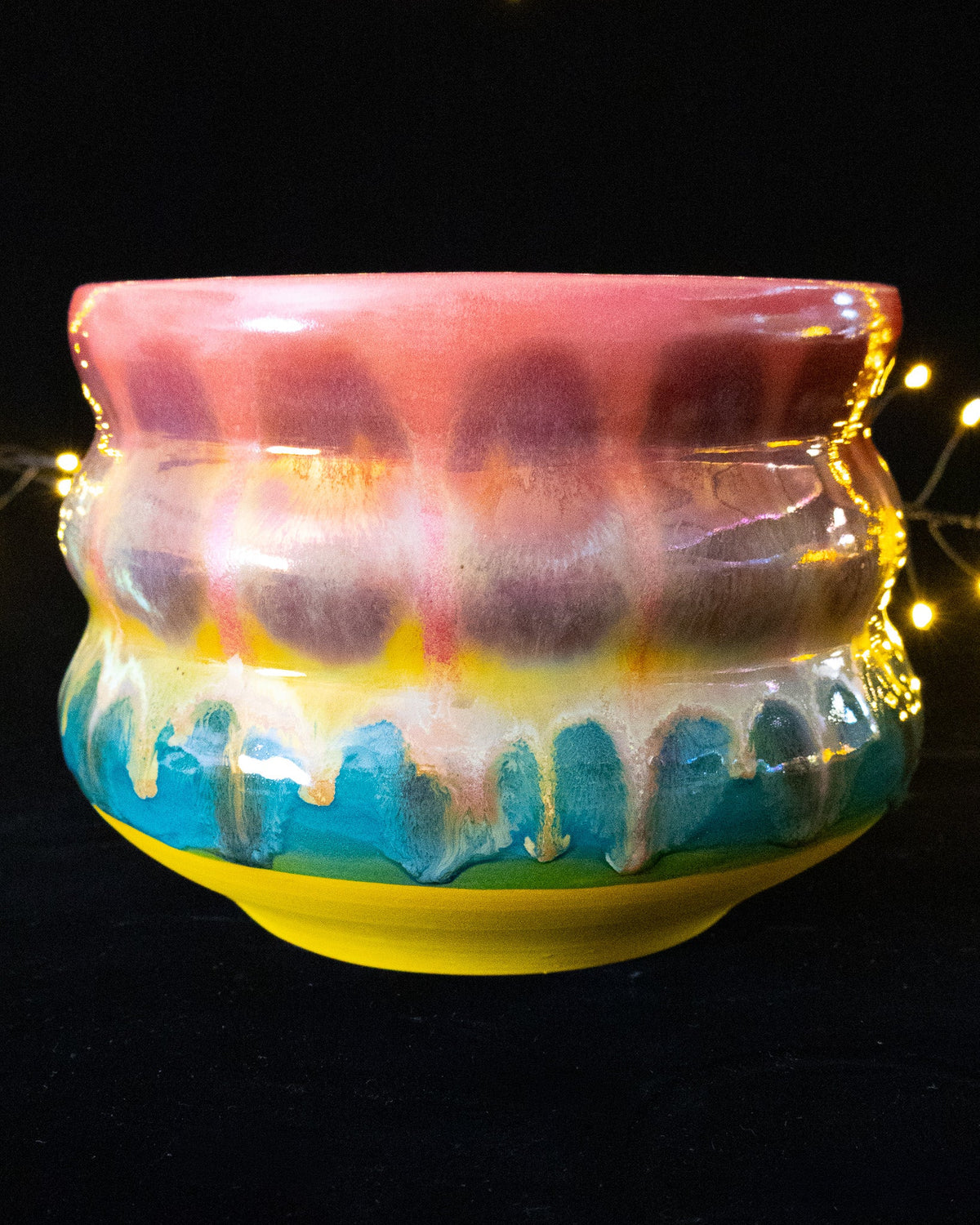 Wheel thrown porcelain planter in rose, teal and bright yellow layered glazes