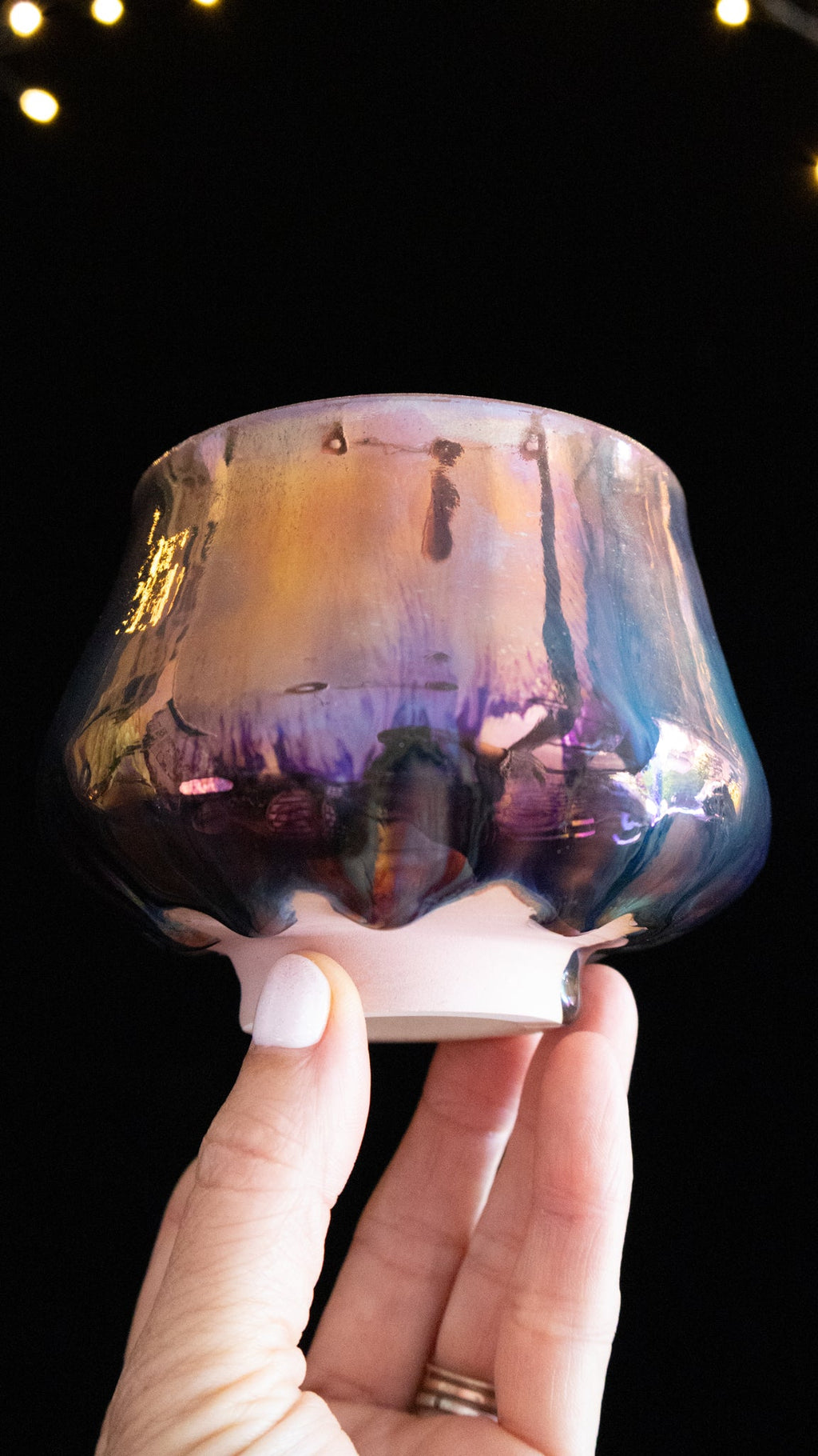 Waisted handmade lusterware ritual cup in amber, violet and rose