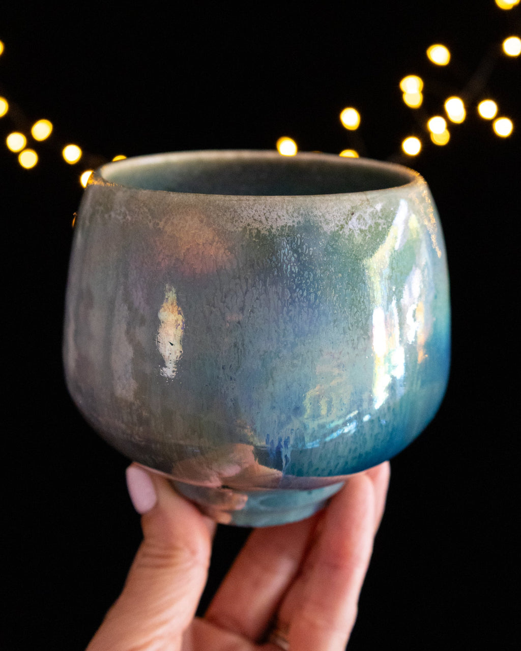 Handmade lusterware ritual cup in soft sage and silver grey